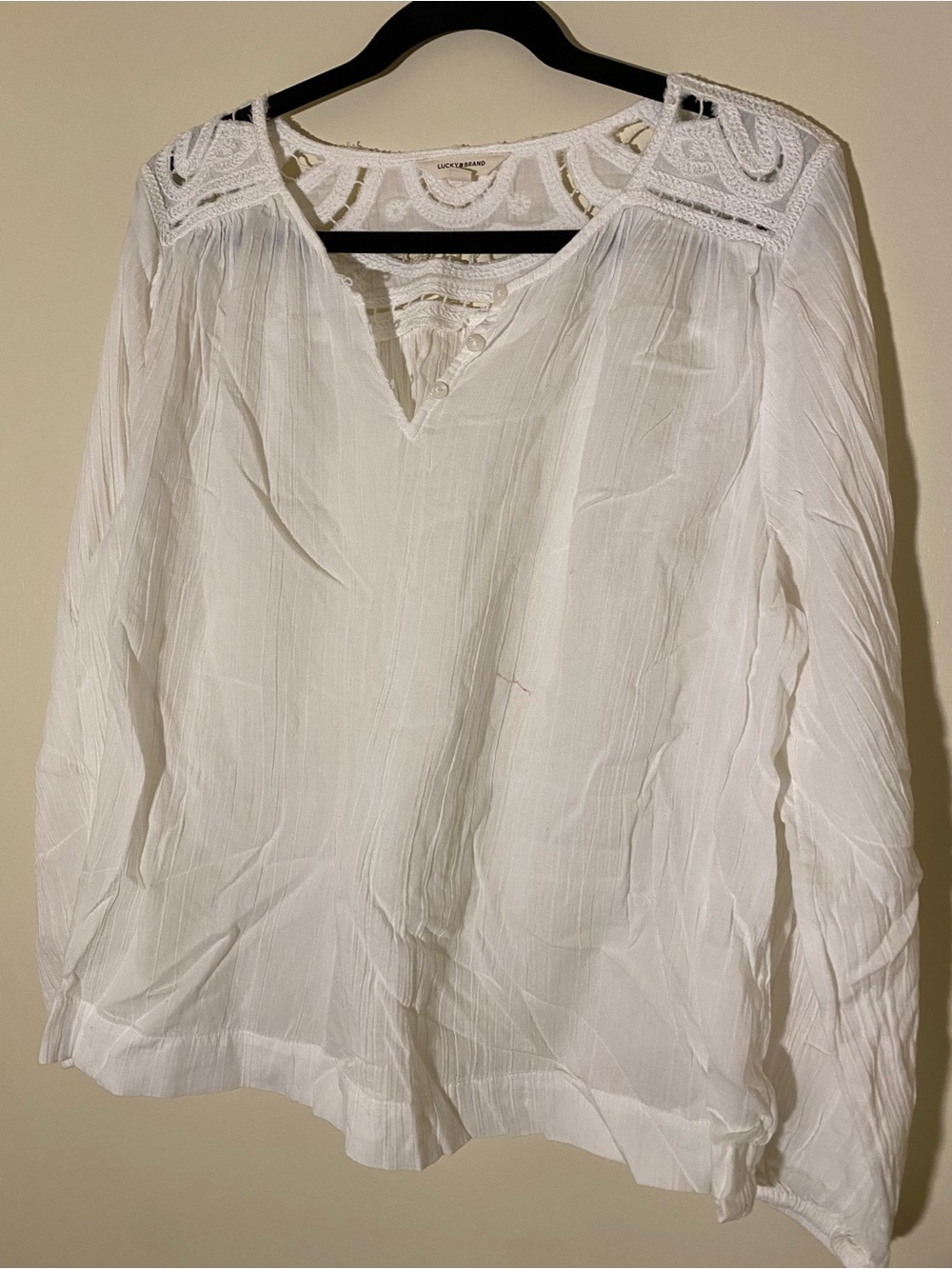 Lucky Brand White Crochet Yoke Peasant Blouse